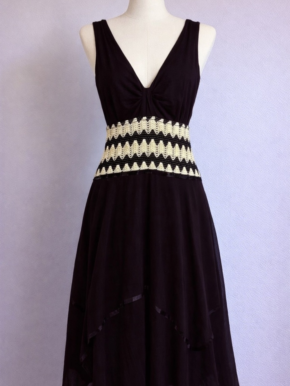 Vintage Black Dress with Cream Crochet Waistband